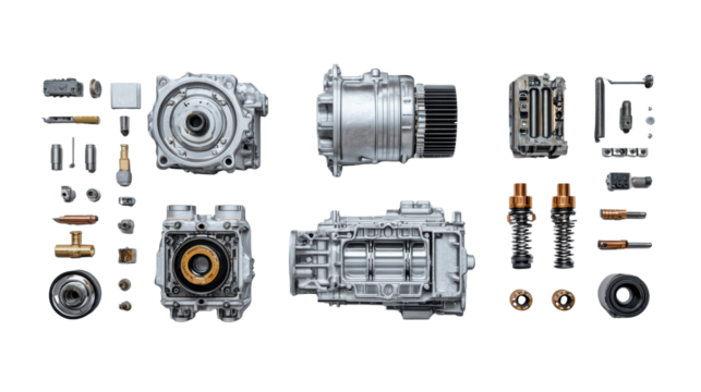 Collection of automotive engine parts on a white isolate background.