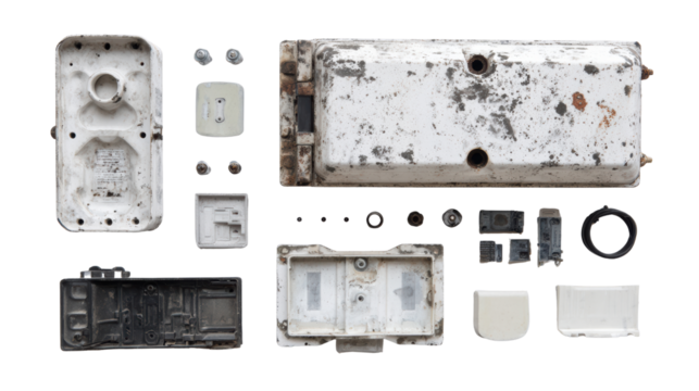Collection of industrial components and parts, white isolated background.