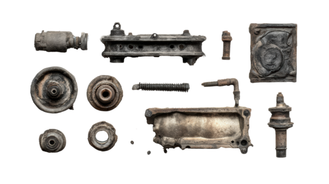Collection of metallic machine parts on a white isolate background.