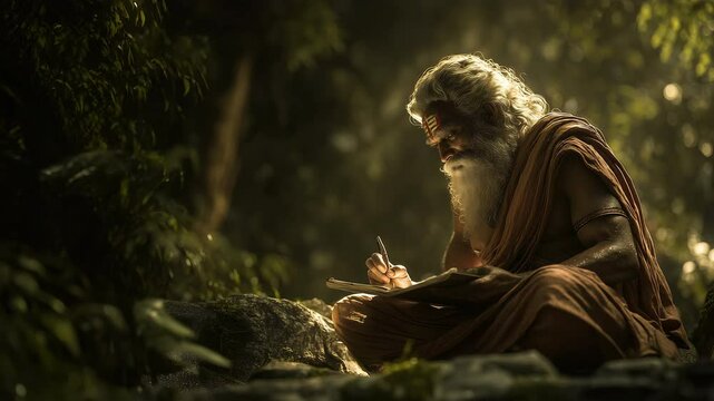 Sage Valmiki, immersed in thought, writes in a serene forest, embodying wisdom and creativity. A moment of divine inspiration, reflecting the epic Ramayana's origins.
