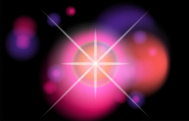 Vibrant vector illustration in a modern, trendy bokeh style, featuring glowing pink, purple, and blue circles, star flares, and soft gradients, reflecting today’s popular digital abstract aesthetics.
