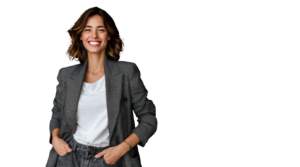 Confident woman in a stylish outfit smiles joyfully, contributing to an uplifting atmosphere.