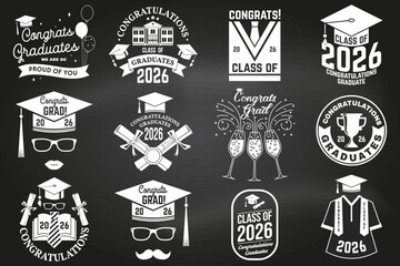 Set of Vector Class of 2026 badges on the chalkboard. Vector illustration. Concept for shirt, print, seal, overlay or stamp, greeting, invitation card. Typography design. For class of 2026 graduation.