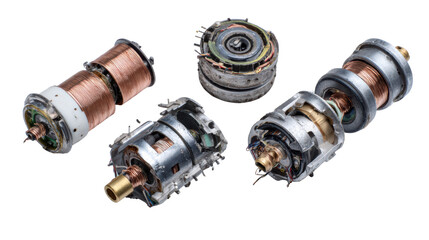 Electric motor components on a white isolated background.