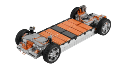 Electric vehicle chassis with battery system, white isolate background