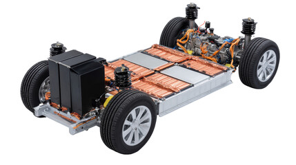 Electric vehicle chassis with battery pack and components, isolated on a white background.