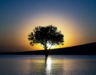 Fototapeta premium 夕方の海べと一本の木 Evening seaside and a tree