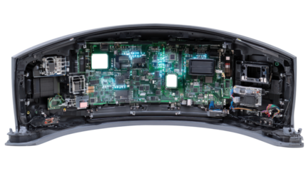 Electronic circuit board with components, illuminated, high-tech design, isolated on white background.