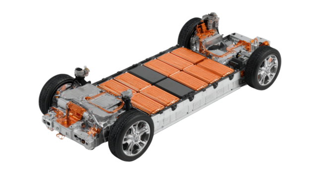 Electric vehicle chassis with battery system, white isolate background