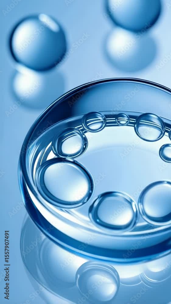 Poster abstract close-up of shiny transparent spheres and half sphere filled with clear bubbles on light bl