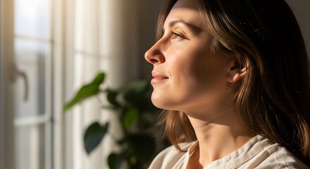 Fototapeta premium Woman Gazing Out Window, Sunlight Illuminating Face, Peaceful Contemplation
