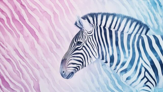 A zebra is calmly standing with its head turned slightly, set against a soothing backdrop that combines the colors of a watercolor painting.