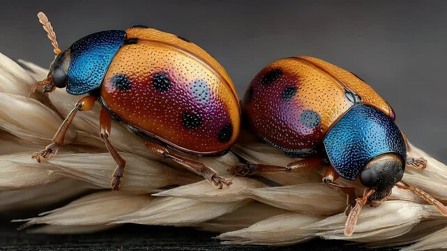Vibrant Jewel Beetles: Macro Photography of Exquisite Insects on Wheat