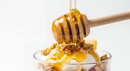Golden Honey Pouring Onto Healthy Yogurt Parfait with Granola