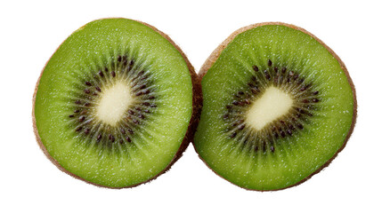 Fototapeta premium Freshly sliced kiwi fruit showcasing vibrant green flesh and black seeds, white isolated background.