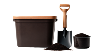 Garden tools including a shovel and containers filled with soil against a white background.