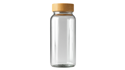 Glass jar with wooden lid isolated on a white background.