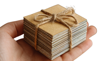 Hand holding a tied stack of cards, rustic style, perfect for personalized notes or invitations.