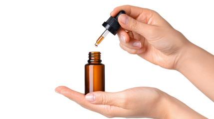 Hands holding a dropper bottle, extracting liquid, isolated on white background.
