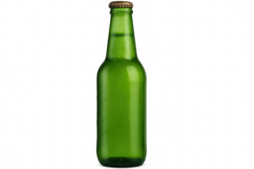 Glistening green beer bottle with condensation droplets, chilled and transparent, perfect for graphic design mockup