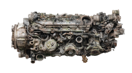 Old, rusty car engine, isolated on white background, showcasing mechanical components and details.