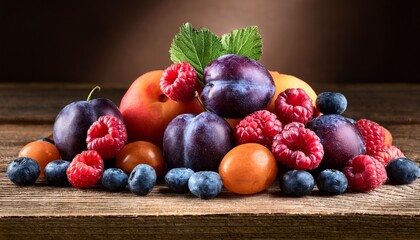 arrangement of colorful plums raspberries and blueberries on wooden table