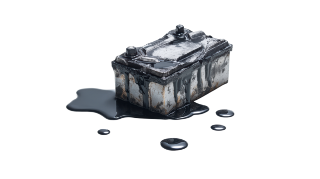 Old, damaged battery with leaking fluid, isolated on white background.