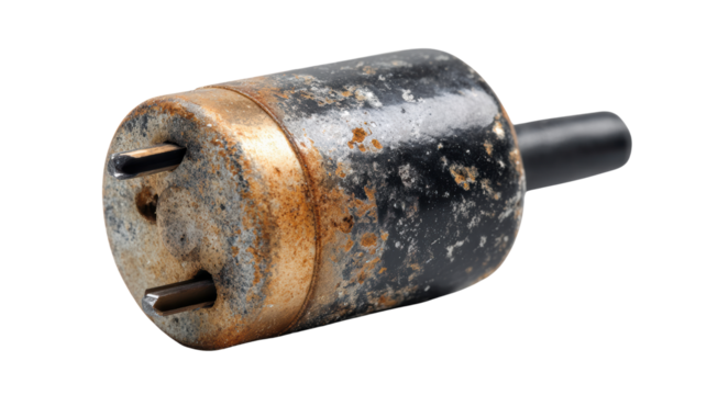Old, rusty electrical plug on white isolated background.