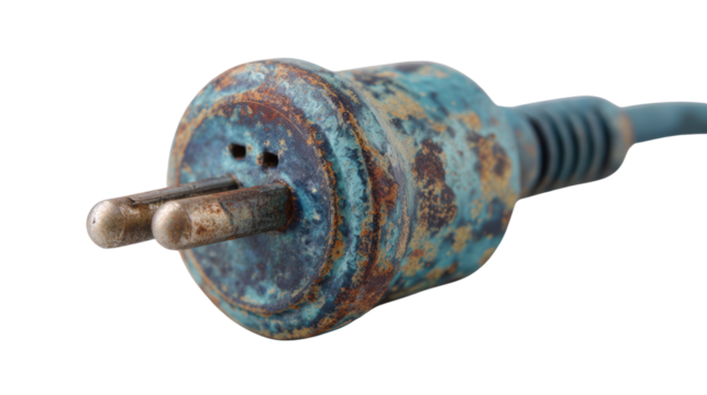Old, rusty electrical plug with a blue cord, isolated on a white background.