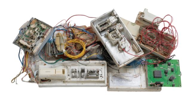 Old electronic waste, chaotic arrangement of circuit boards and wires, white isolated background. - Powered by Adobe