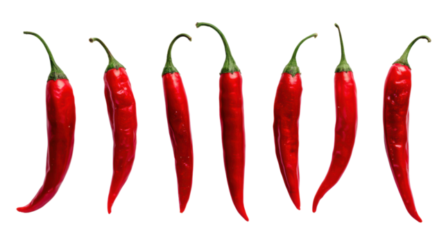 Red chili peppers arranged in a diagonal line, isolated on a white background.