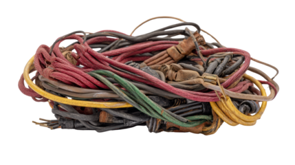 Tangled mess of electrical cords and wires on a white isolate background.
