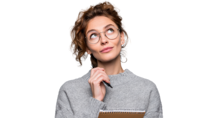 Thoughtful woman in casual sweater holding a notebook and pen, isolated on a white background.