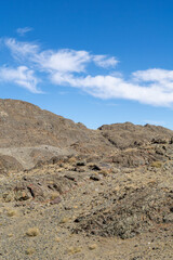 Rocky desert landscape with rugged terrain, sparse vegetation, and clear blue sky, showcasing the natural beauty and arid environment of the wilderness