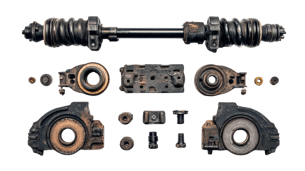 Various mechanical components and parts isolated on a white background.