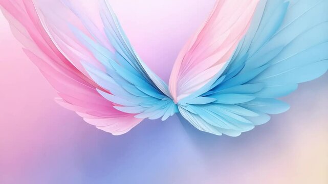 Abstract pastel artwork featuring textured layered elements, suggesting wings in soft pink and blue hues, creating a delicate background texture.