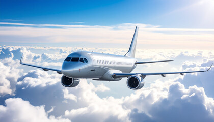 Obraz premium Sleek silver aircraft gracefully soared through ethereal canvas of cottony white clouds, embodying freedom and adventure in vast blue sky