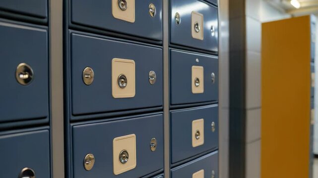 A series of dark blue mailboxes with gold locks in a hallway, arranged for security and organized storage.