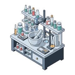 Chemistry lab station full of glassware and reagents.