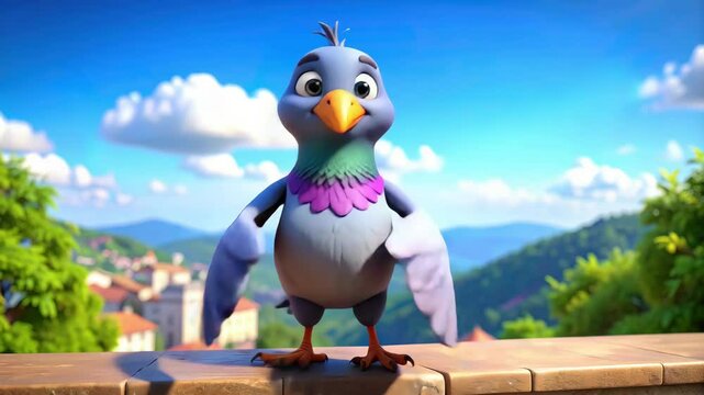 Happy Dancing cartoon Pigeon on a Building