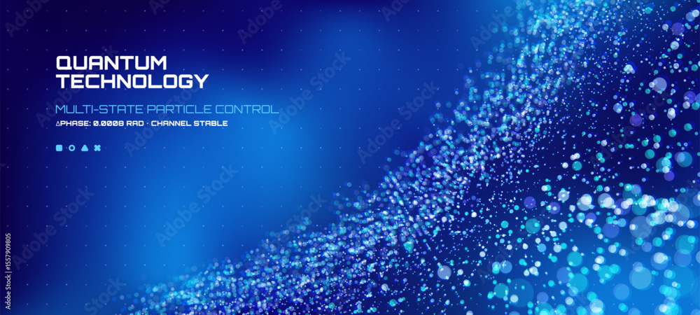 Fototapete Quantum technology background showing multi state particle control. Digital abstract data visualization with blue particles flow