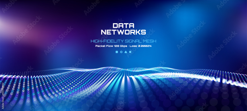 Poster Digital data networks concept with high-fidelity signal mesh and abstract particle wave. Modern technology background for internet communication.