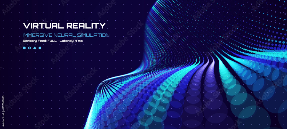 Poster virtual reality immersive neural simulation display. abstract digital wave of glowing particles. com