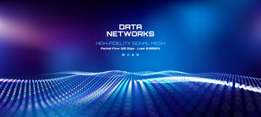 Digital data networks concept with high-fidelity signal mesh and abstract particle wave. Modern technology background for internet communication.