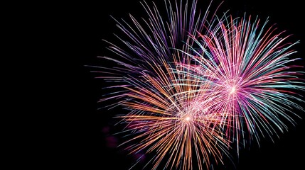 Nighttime Fireworks Display Over a Charming American Town, Vibrant Colors Paint the Minimal Composition Against a Clean, Starry Sky