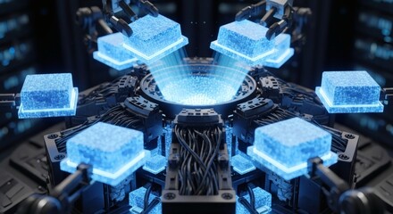 Automated robotic arms precisely handle glowing data blocks within a futuristic central processing unit, symbolizing advanced artificial intelligence and innovative digital infrastructure.
