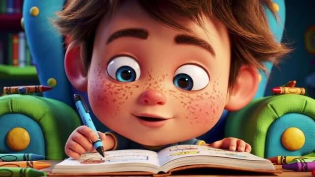 Little garoto l&ecirc; um livro, sentado e aprendendo com divertimento, enquanto a cogni&ccedil;&atilde;o de uma pessoa se pilha na inf&acirc;ncia.