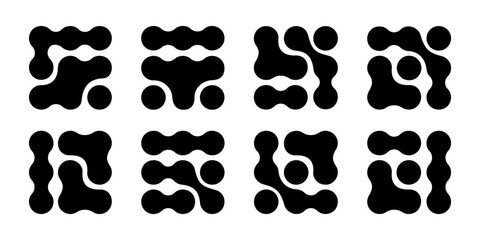 Set of meta ball patterns. Connected dots, liquid drops or amorphous shapes background. Organic blobs, neurons or molecules isolated on white background. Vector graphic illustration.