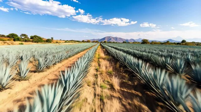 Rows of agave plants stretch across a sunny landscape, leading towards distant mountains under a blue sky with scattered clouds.