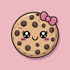 Cartoon chocolate chip cookie with a pink bow and a cute smiling face on a pink background